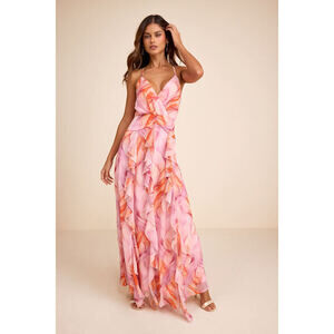 Lulus Astraea Lilac And Orange Abstract Surplice Ruffled Maxi Dress Pink